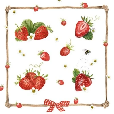 Image de Lot de 20 serviettes en papier avec motif fraises dans un cadre Convient également pour le découpage et la technique des 33 x cm