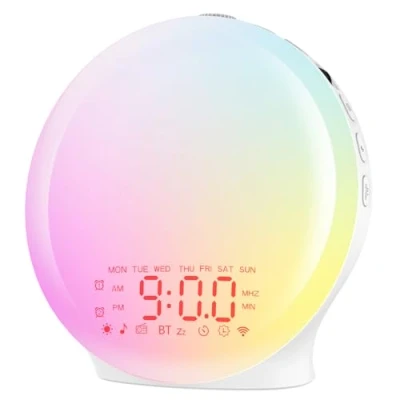 Image de Réveil Lumière Bluetooth,Radio Eveil Matin Lumineux Lampe de Chevet 20 Niveaux Luminosité Simulateur d&#039;Aube et Crépuscule 2 Réveils 22 Sons Naturels Fonction Snooze 17 Couleurs Veilleuse Enfant
