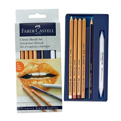 Image de Faber Castell 114004 Classic Sketch Set, 6 pièces, avec 1 crayon, Pitt Oil Base, 3 pastels Pitt, effaceur de papier