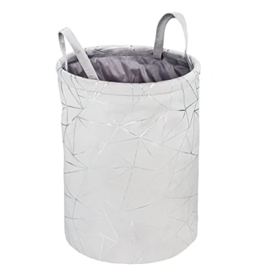 Image de WENKO Panier à linge Samira, bac rond en feutre gris velouté avec impression décorative argentée chatoyante, deux poignées pratiques pour un transport facile, 69 l de volume, Ø 40 x 55 cm
