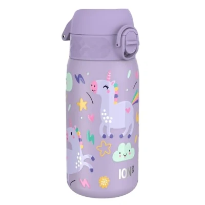 Image de ION8 Gourde Enfant Inox 400ml, Anti Fuite, Facile à Ouvrir, Verrouillage Sécurisé, Lavable au Lave Vaisselle, Poignée de Transport, Nettoyer, Durable, Acier Inoxydable, Licornes Violet