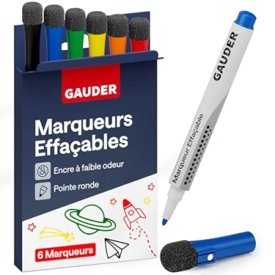 Image de GAUDER Set de Marqueurs Tableau Blanc (6 pièces) Feutres couleurs) Effaçable à sec et sans résidus Effaçables avec éponge, idéal pour tableaux blancs