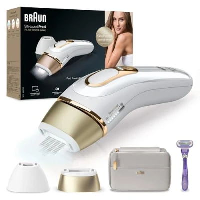 Image de Braun Silk·expert Pro 5, épilateur à lumière pulsée, avec pochette, tête de précision et rasoir Venus, alternative l’épilation au laser, Blanc/Doré, PL5157