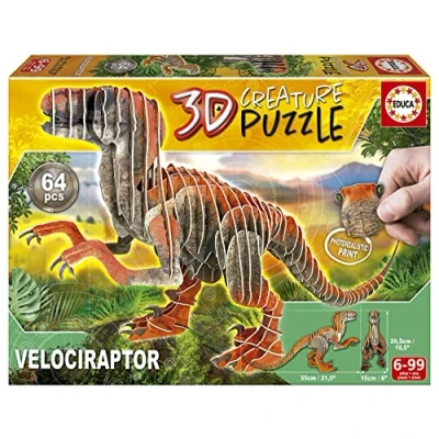 Image de Educa Puzzle 3D Créature Vélociraptor Assemblez Votre Propre Dinosaure en de 55 cm Long et 26,5 Haut. 64 Pièces Carton Recyclé. Images Photoréalistes A partir 5 Ans (19382)