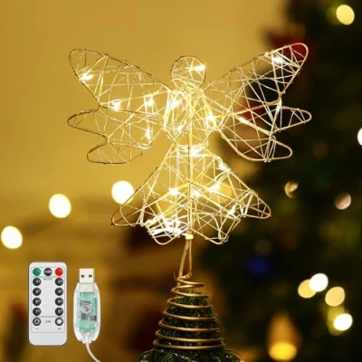 Image de Lewondr Lampe de Décoration en Métal pour Noël, Lumière LED Décorative Forme d&#039;ange Alimenté par USB avec Télécommande et Fonction Minuterie, Noël Maison Salon Chambre, Or