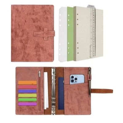 Image de Wonderpool A5 Carnet de notes en cuir rechargeable 6 anneaux classeur avec papier pointillé l&#039;écriture laitière et la couverture multi poches pour les voyages d&#039;études commerciales (A5, Brun)
