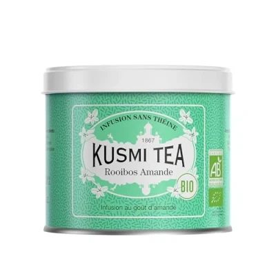 Image de Kusmi Tea Rooibos Amande Infusion Bio Issu de l&#039;Agriculture Biologique Douce et Onctueuse sans Théine Boîte Thé Métal 100g Quantité pour environ 50 Tasses