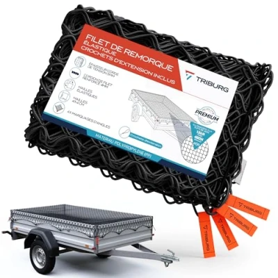Image de TRIBURG Filet de remorque extensible, 1,5 x 2,7 m à 2,5 3,5 élastique, avec repères d&#039;angle et corde en caoutchouc sécurité charge élastique