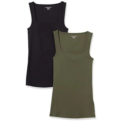 Image de Amazon Essentials Débardeur à Encolure carrée, Coupe étroite Femme, Lot de 2, Noir/Vert Olive Foncé, S