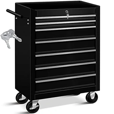 Image de Masko® Servante d&#039;atelier 7 tiroirs Noir Verrouillable En métal massif Chariot à outils mobile sans professionnel non équipé de rangement des avec