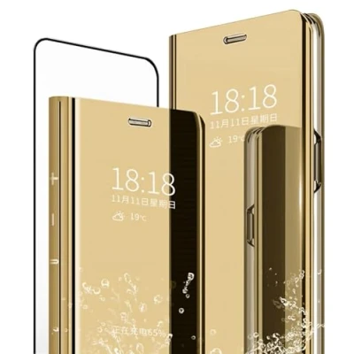 Image de MLOTECH Coque pour Huawei P30 Lite,Cover + Verre trempé Flip Clear View Translucide Miroir Cover Standing 360Housse étui Antichoc Smart Bumper Golden