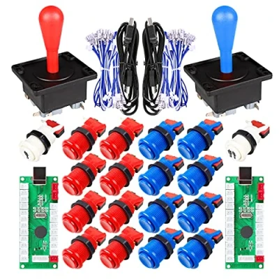Image de EG STARTS Arcade Game Pièces de Bricolage pour Mame USB Cabinet Zero Delay Encoder 8 Way Joystick 18 Happ Boutons (y Compris 1p / 2p Start Push Button) Bleu + Rouge Kit