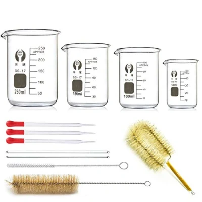 Image de Bécher en Verre, JESSTOLO 4Pcs Gradué Borosilicate 50ml/100 ml/150 ml/250ml, 3 Brosses de Nettoyage, Eprouvette Verre et 2 Agitateurs Expérimental pour Laboratoire, Chimie