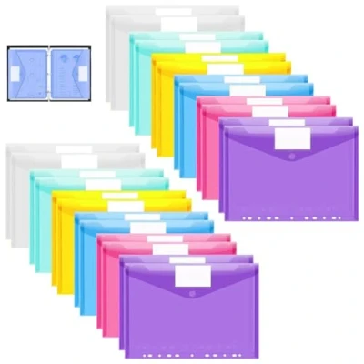 Image de 24 Pièces Pochette Plastique A4 avec 11 Trous Colorée Documents Transparent Document Dossier Pochettes Chemises Bouton Pression et pour Ranger Classer