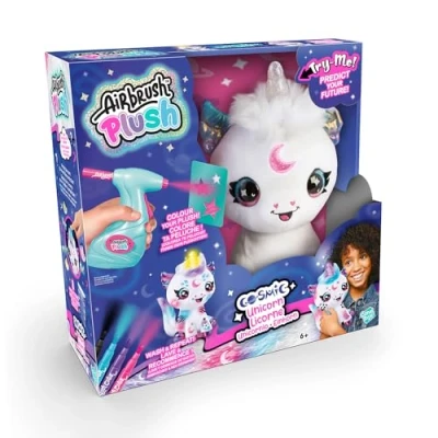Image de Canal Toys Airbrush Plush Peluche Licorne Cosmique à Personnaliser avec Corne Lumineuse Carte de prédiction, feutres et pochoirs AIR 028, Blanc