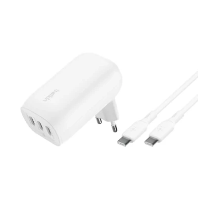 Image de Belkin BoostCharge Chargeur Secteur 3 Ports USB C avec PPS de 67 W (pour appareils PD 3.1 comme l’iPhone 16 (Tous modèles), MacBook Pro, AirPods, Galaxy, etc., câble vers Inclus)