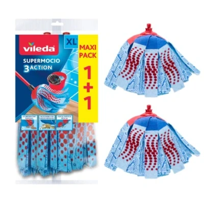 Image de Vileda Recharge SuperMocio 3Action, paquet de 2, pour tous les systèmes balai espagnols Vileda, tout type sol, Retire plus 99 % des bactéries avec juste l’eau