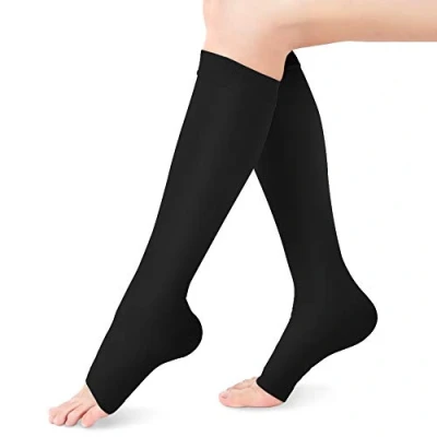 Image de Chaussettes de Compression Mollet, Chaussette Contention Pied Ouvert pour Hommes et Femmes, 20 30mmHg Manchon Mollet Shin Splint, Veine Variqueuse, Oedème (Noir, XL)