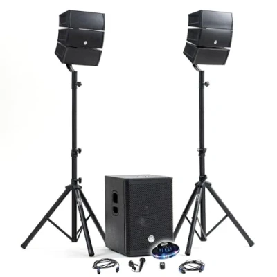 Image de Pack Sono DJ 1000W complet BM Bmsonic BMS 12 ARRAY BT Enceintes satellites SUB 31cm USB/Bluetooth, Supports Câbles, Jeu de lumière