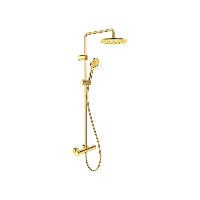 Image de système de douche Duravit, à économie d&#039;eau, tête avec 3 types jets (Rain, Intense Rain, Soft Rain), réglable en angle, kit facile nettoyer, doré poli