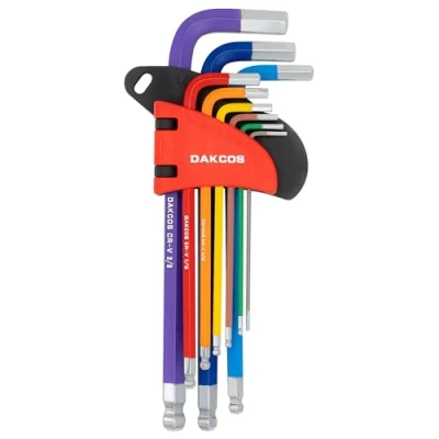 Image de DAKCOS Jeu de clés mâles coudées 9 pc avec tête sphérique Métrique en CR V, 1/16 à 3/8 pouces, dans un clip plastique