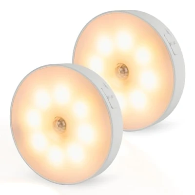 Image de Brendz Lot de 2 lampes LED rondes avec détecteur mouvement Rechargeable USB C Magnétique Blanc chaud 3000 K Éclairage d&#039;armoire sans fil Lumière à capteur d&#039;escalier