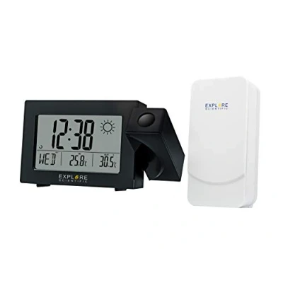 Image de Explore Scientific RPW3008, Horloge de Projection avec Heure radiocommandée et prévisions météo, Double Alarme, Port USB pour recharger Le téléphone, capteur température Interne Inclus, Noir