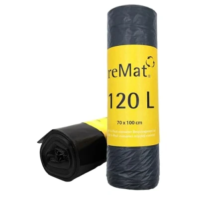 Image de reMat Sac poubelle 120l en 100% matériau recyclé postconsommateurs (PCR), 20 sacs, résistant à la déchirure, sans odeur, idéal pour collecte des déchets