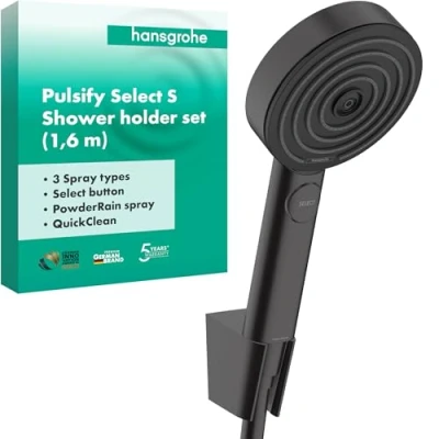 Image de Hansgrohe Set de Douche Pulsify S, Ensemble Douche, Pommeau avec Support et Flexible 1,60 m, Douchette à Main 3 Types Jet (Relaxation), Noir Mat, 24303670