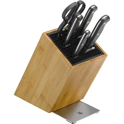 Image de WMF Spitzenklasse Plus Jeu de 6 pièces, 4 couteaux avec lame en acier trempé entièrement forgé et ciseaux multifonctions support FlexTec bambou