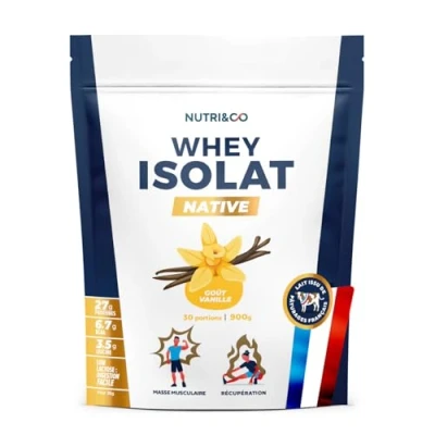 Image de NUTRI &amp; CO Whey Isolate Native Jusqu’à 94% de Protéines Pur Lait Français Low Lactose Digestion Facile Riche en BCAA Prise Masse Musculation 1kg 33 portions goût Vanille