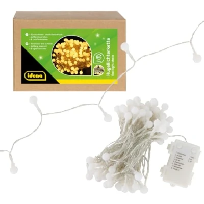 Image de Idena 30523 Guirlande lumineuse LED boule avec 100 en blanc chaud, pour l&#039;extérieur &amp; l&#039;intérieur, longueur env. 10,2 m, fonction minuterie 6 heures, 8 fonctions lumineuses, fonctionne sur piles