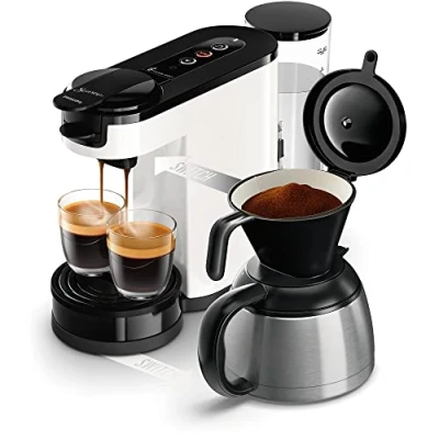 Image de Philips Senseo Switch Machine à Café Dosettes et Filtre Technologie 2 en 1, Réservoir d&#039;Eau de 1 L, 7 Tasses une Seule Fois, Couleur Blanc Titane (HD6592/05)