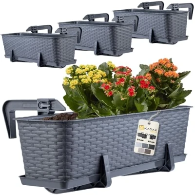 Image de KADAX Jardinière Suspendue Extérieure 60 cm, Balconnière en Plastique Aspect Rotin avec Supports de Fixation Intégrés et Soucoupe (Graphite, Lot 4)