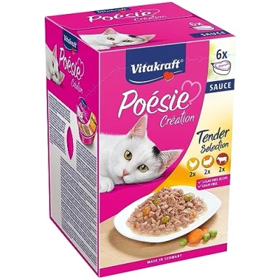 Image de Vitakraft Poésie Création Repas en sauce pour chat Assortiment à la viande : poulet, dinde et bœuf Recette riche viandes, sans sucre ni céréales ajoutés (6 barquettes de 85g)