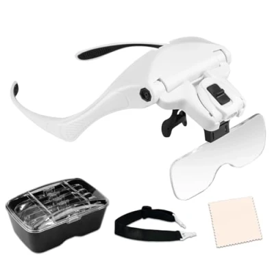 Image de Lunettes Loupe avec 2 Lumières LED, Frontale Grossissantes Casque Mains Libres pour Couture, Lecture Réparations, Bijoux, Montres et Artisanat, 5 Lentilles Détachables (1.0X 3.5X)