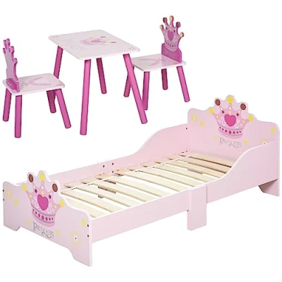 Image de Lit enfant et Ensemble table chaises HOMCOM MDF 143x73x60cm Rose