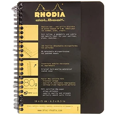 Image de RHODIA 193439C Cahier à Spirale (Reliure Intégrale) Notebook Noir A5+ 16 x 21 cm Pointillés Dot 160 pages Détachables Papier Clairefontaine Blanc 80 g/m² Couverture Souple et Résistante