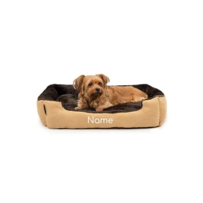 Image de lionto Lit pour Chien avec Coussin réversible et Base antidérapante, Douillet Animaux entrée Basse Chiens Chats de Tout âge, 75x60 cm, Marron/Beige (avec nom imprimé)