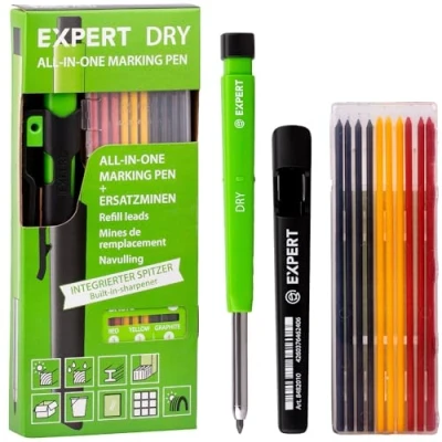 Image de EXPERT DRY Marqueur tout en un avec 11 mines à trous profonds rechargeable kit de base Polyvalent sur bois, verre, métal crayon charpentier taille intégré