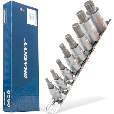 Image de XZN Jeu de Douilles à embouts 8 pièces M4 M5 M6 M8 M10 M12 M14 M16 1/2 3/8 1/4 Avec denture multiple plusieurs dents acier au chrome molybdène