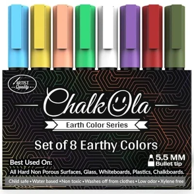 Image de Chalkola Marqueurs Craie pour Tableau Noir, Blanc, Album photo Scrapbooking, Vitres, Verres Lot de 8 Stylos Couleurs Naturelles avec Pointe Fine Arrondie et Ciseau Réversible 6 mm