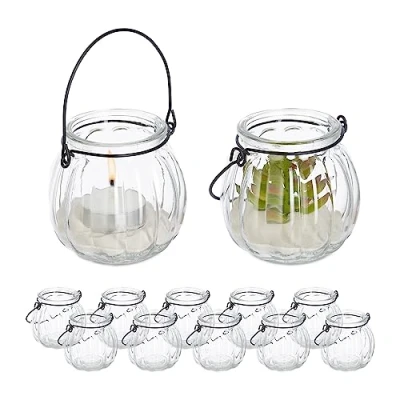 Image de Relaxdays Photophore en Verre, Lot de 12, Porte Bougie avec Anse, HxD : 7,5 x 8 cm, récipient Rond, Transparent