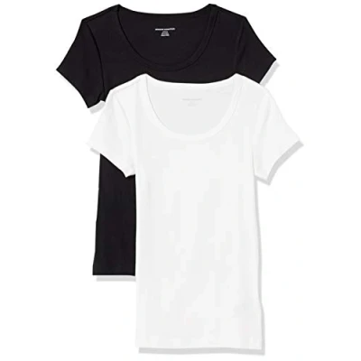 Image de Amazon Essentials T Shirt Ajusté à Manches Courtes et Encolure Dégagée Femme, Lot de 2, Noir/Blanc, S