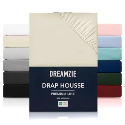 Image de Dreamzie Drap Housse 90x200 cmpour Matelas Épais jusqu&#039;à 33 cm 100% Polyester Microfibre Beige Certifié sans Produits Chimiques (Oeko TEX), avec Élastique Complet