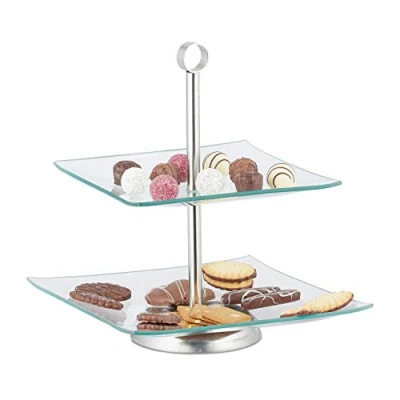 Image de Relaxdays Assiettes sur pied, étagère carrée en verre,service de gâteaux, fruits, acier inoxydable,argenté, transparent