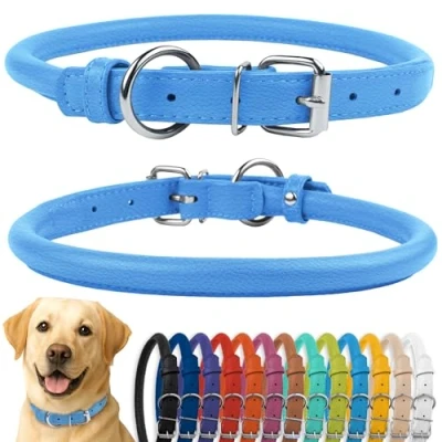 Image de CollarDirect Collier de Chien en Cuir roulé, Chiot Rond rembourré Doux, véritable Fait à la Main pour Petit Grand Chat (40 45 cm, Bleu texturé)