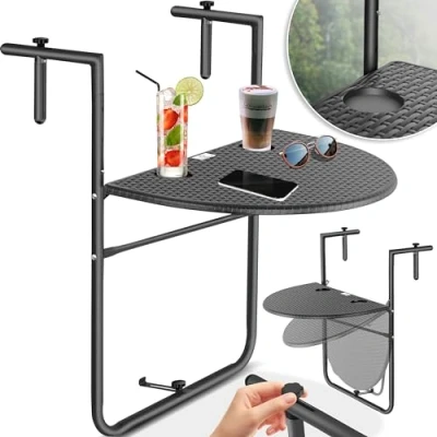 Image de KESSER® table suspendue de balcon pliable à suspendre 3 niveaux Réglable en hauteur Rampe résistante aux intempéries Avec 2 places boissons Plateau l x