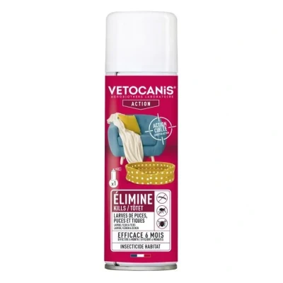 Image de Vetocanis, Spray Insecticide Habitat, Efficacité Prouvée, Elimine 100% Puces, larves de Puces et Tiques, 250ml, Effet Immédiat, Dure jusqu&#039;à 6 mois