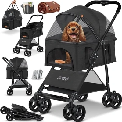 Image de LOVPET Poussette 2 en 1 Pour chien Pliable jusqu&#039;à 20 kg Avec fenêtre maille et housse de protection contre la pluie petits chiens chats Anthracite